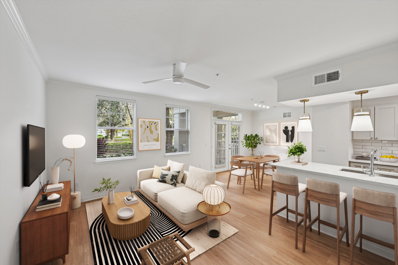 EndersPlaceatBaldwinPark_LuxuryApartmentCommunity_KitchenLivingRoom_OrlandoFL